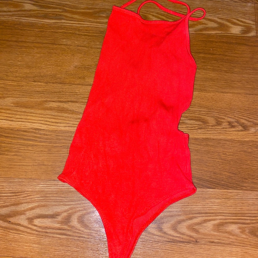 Red open back bodysuit